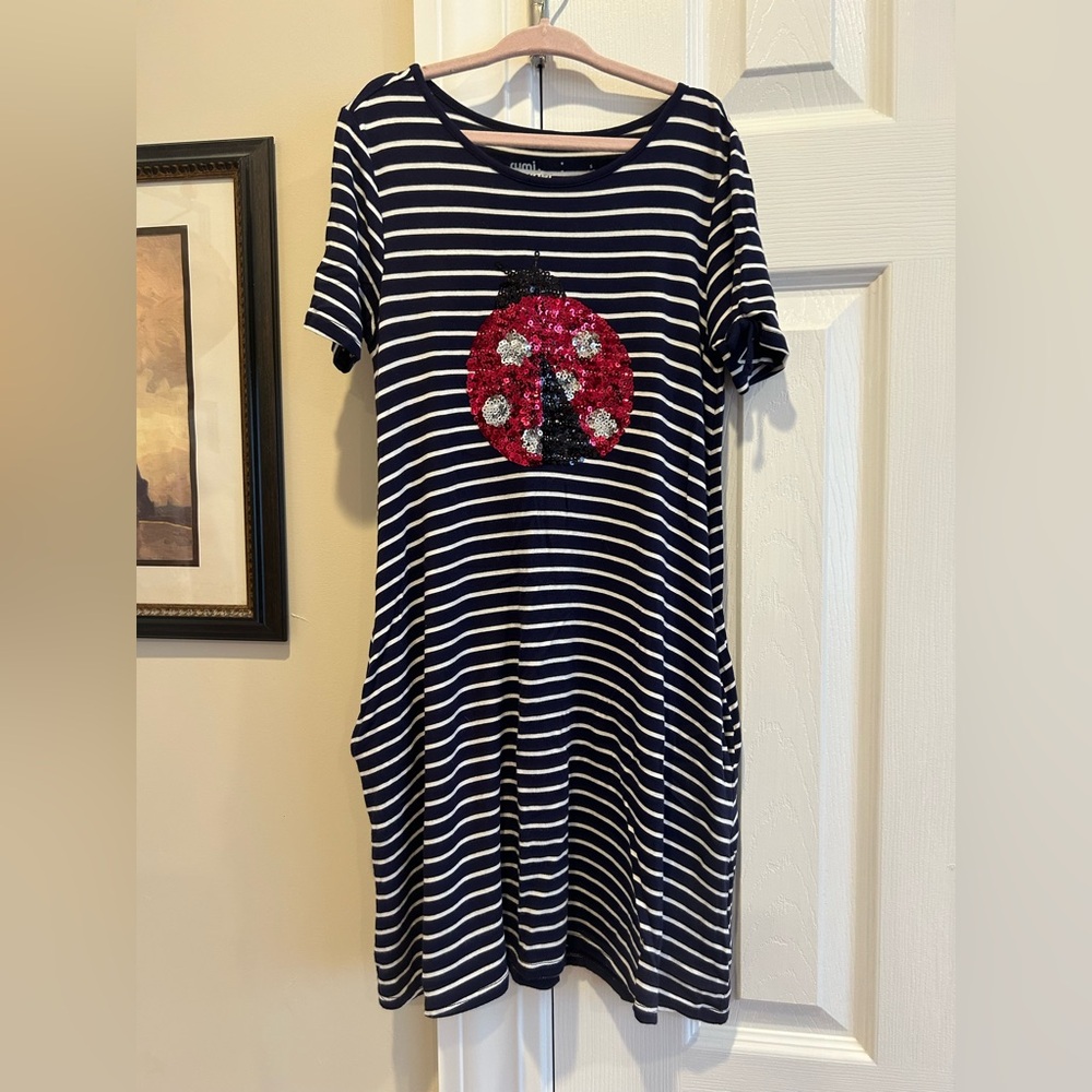 Rumi & Ryder Striped Navy Dress with Sequin Ladybug Design🐞